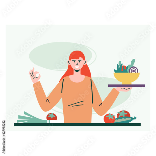 Happy female cooked natural salad with onion, tomatoes and peas. Choose of meal with vegetables. Healthy vegetarian dinner concept. Flat vector illustration in cartoon style in blue colors