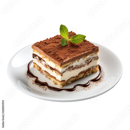 Tiramisu on white plate isolated.