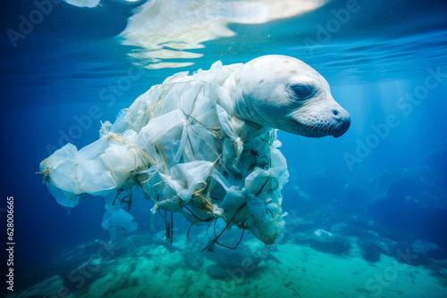 Navy seal tangled in Plastic garbage - Pollution in Our Oceans: Threatening Marine Life and Nature's Aquatic Ecosystems