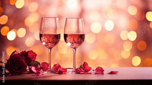 Romantic concept. Two glasses of vine with pink rose petals with bokeh background. Valentine's day banner. Celebration with wine and red rose.