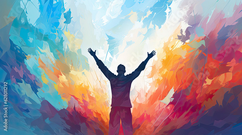 Man raises his hands to worship and praise God. Christian illustration.