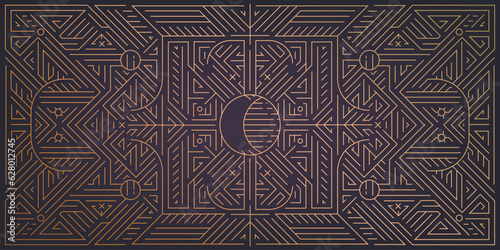 Vector abstract art deco luxury pattern, golden vintage artistic background with geometric shapes, moon. Linear retro ornament, gatsby card.