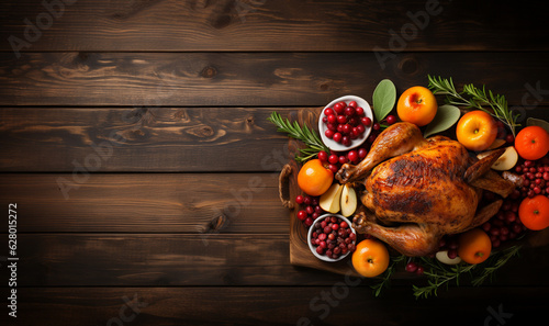 Thanksgiving dinner background concept with turkey roasted and all sides dishes, fall leaves, pumpkin and seasonal autumnal decor on dark background, top view, copy space. Wooden background