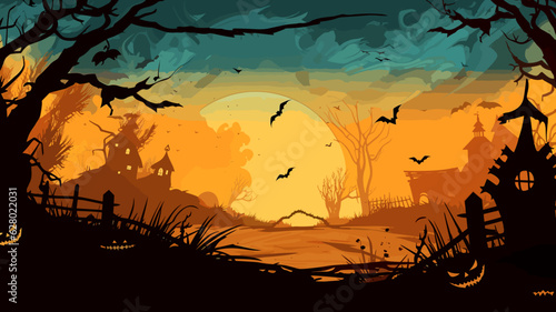 AI generated. Vector illustration. Background illustration with Halloween theme. Landscape with dead trees and pumpkins.