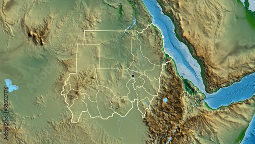 Shape of Sudan with regional borders. Physical.