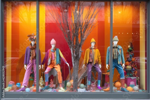 seasonal window display with colorful outfits