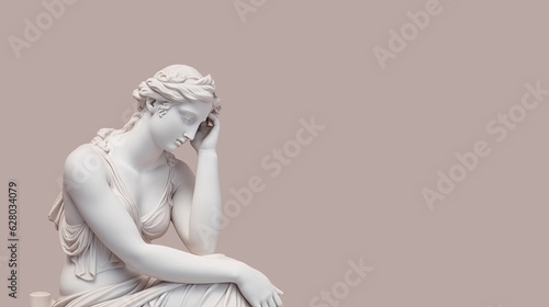 Marble statue of Aphrodite in a thinks pose on a pastel background