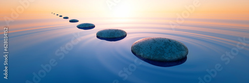 Row of dark stones podium in calm ocean with evening sun with horizon - tranquil scenery - 3D illustration