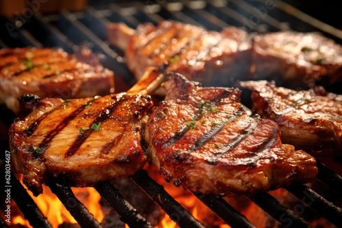 close-up shot of juicy pork chops on a hot bbq grill