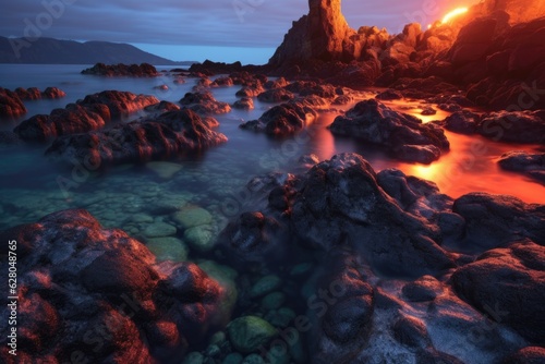 glowing lava illuminates rocky shoreline at night