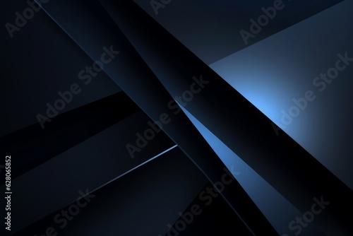 Black blue abstract modern background for design. Dark. Geometric shape. 3d effect. Diagonal lines, stripes. Triangles. Gradient. Light, glow. Metallic sheen. Minimal. Web, Generative AI