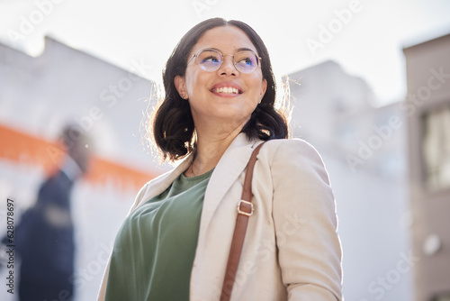 Business woman, vision and worker outdoor in city with job travel and thinking. Urban, face and female professional with bag for career and commute to work feeling happy and proud from success