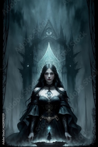 a woman in a black dress with a white collar and a black cape and a full moon in the background. Fantasy gothic art. 