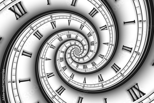 Abstract modern white spiral clock dial with roman and arabic numerals. Concept of Infinite time, deadline, scheduling, time and space, past, present and future.