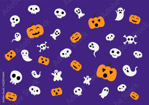 Happy Halloween concept. Cute white ghost characters with pumpkin cartoon on purple background for cards, banners, and web. Spooky expression.