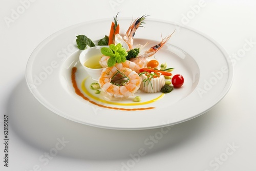 Cooked langostino with vegetables and sauce on white deep plate with white background. Generative AI