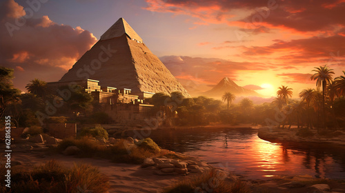 Egyptian pyramid in sand desert at sunset. The ruins of an ancient temple. Generative AI