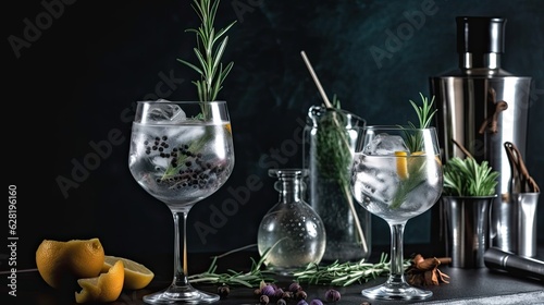 gin and tonic cocktail with rosemary leaves in glasses