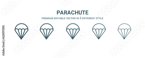 parachute icon in 5 different style. Thin, light, regular, bold, black parachute icon isolated on white background.