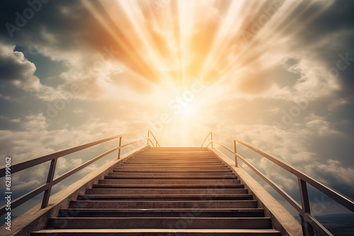 Ascending stairs to the sun background religion wonderful sky the dawn sky born light solar flare up, God is great generative AI technology