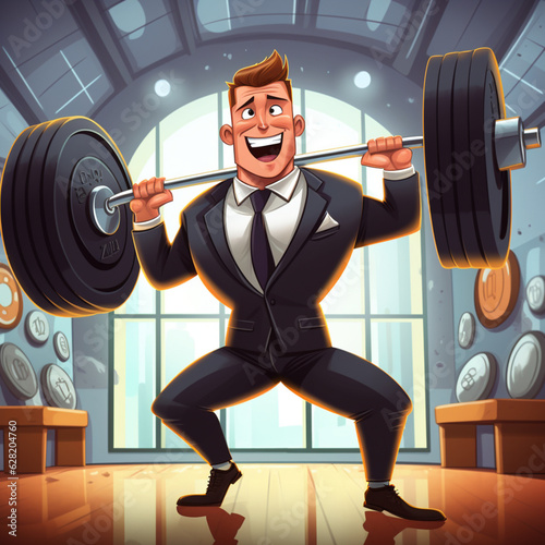 cartoon of a guy in a gym wearing a suit lifting weights