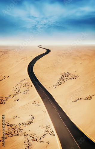 illustrazione con strada che serpeggia e si perde all'orizzonte in un deserto di dune e sabbia, vista dall'alto