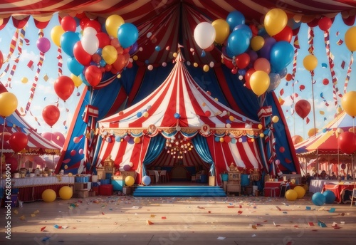 Circus tent with balloons and confetti background