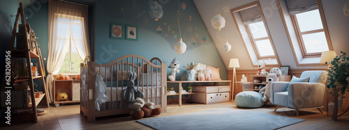 Nursery interior design, baby room furniture, cozy infant bedroom