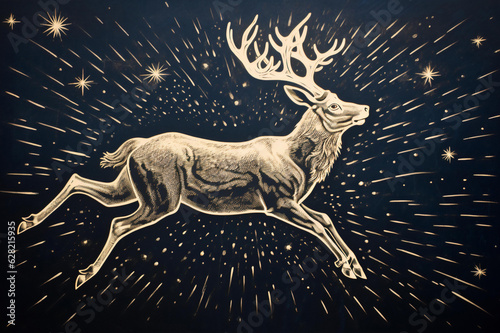 Starry Jumping Reindeer Linotype Design, Generative AI