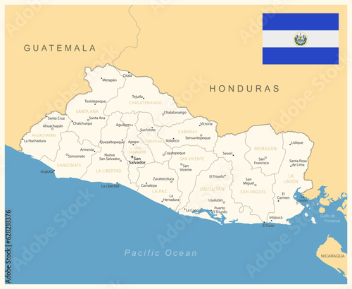 El Salvador - detailed map with administrative divisions and country flag.