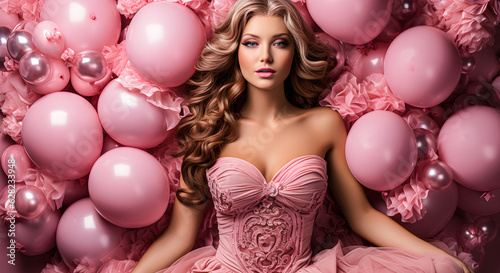 Beautiful blonde caucasian model woman with blue eyes dressed in a pretty pink dress on a background with balloons and pink decorations