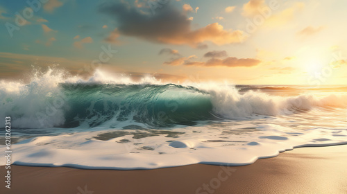 Scenic view of the waves splashing near the shore and the bright sun. Sea breeze at sunset. 