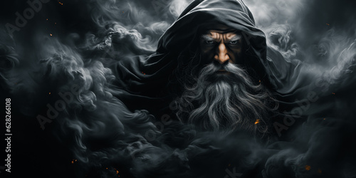 Portrait of a old mysterious man with a long beard and mustache in a black cloak in the dark smoke