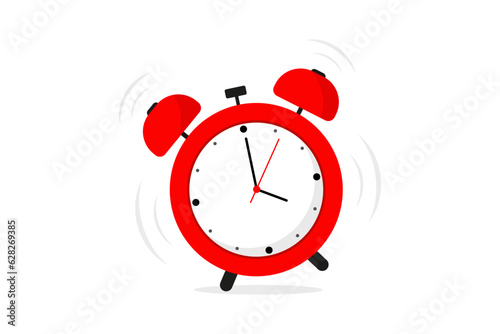 Red vintage alarm clock. Wake-up time. Red classic alarm clock is ringing. Morning alert, time countdown, last chance sale or deadline concept. Vector illustration in flat style