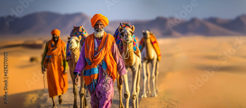 Berber man leading camel caravan. A man leads two camels through the desert. Man wearing traditional clothes on the desert sand, digital ai