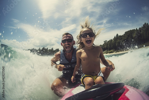 Excited child with father enjoying and racing on fast motor inflatable boat on water surface of river