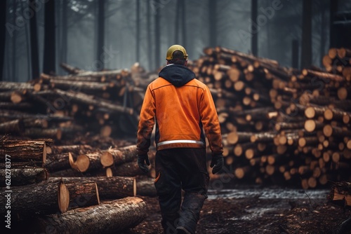 Woodcutter working in the forest and stacked logs