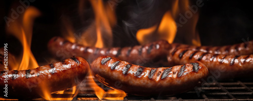 Barbecue juicy sausage on grill fire with smoke on black background