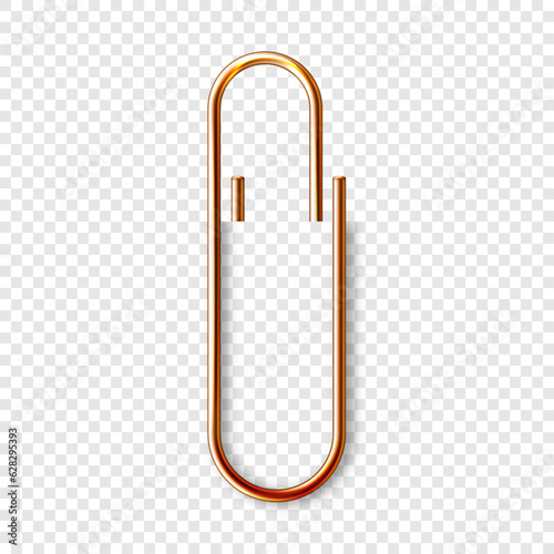 Realistic copper paperclip attached to paper isolated on white background. Shiny metal paper clip, page holder, binder. Workplace office supplies. Vector illustration