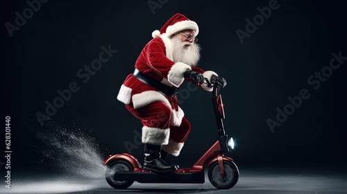 Santa Claus riding an electric scooter for delivery gifts. 