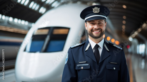 Train driver posing in front of high speed train. Subway train