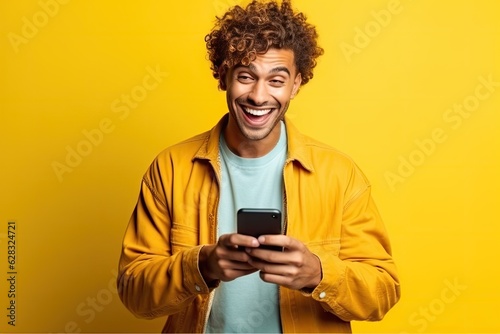 A man smiling while looking at his cell phone