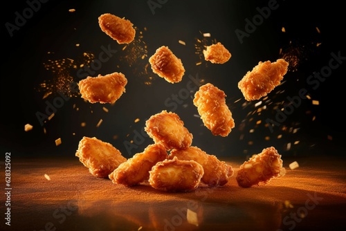 Golden deep fried chicken nuggets with black background