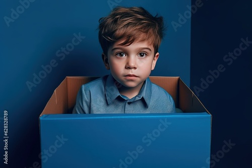 A young boy sitting inside of a blue box