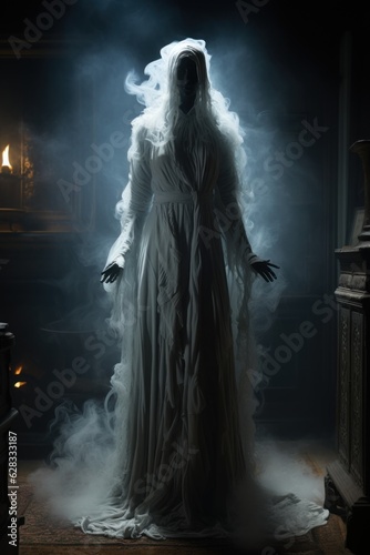 Halloween character in a haunted mansion like a ghost in dark atmosphere