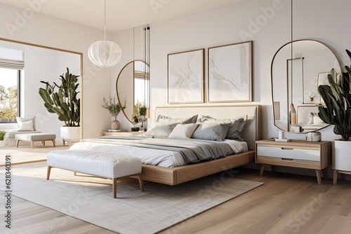 A contemporary bedroom that is bright, featuring mirrors in its interior design.