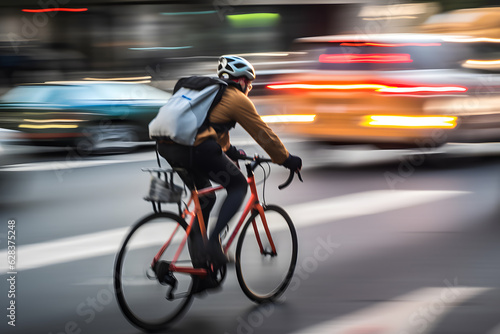 Motion blur image of a city cyclist speeding through traffic, creating a sense of urban energy and transportation. Generative AI