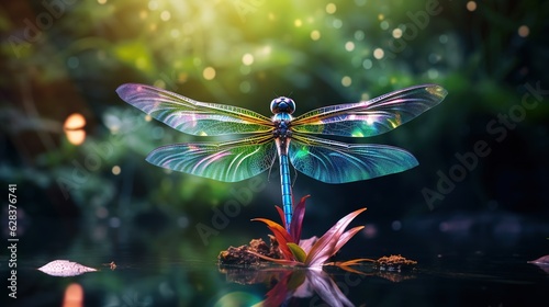  a blue and green dragonfly sitting on top of a pond. generative ai