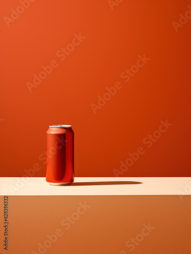A bold, red soda can placed in a monochromatic minimalist setting. The sharp geometry and vivid minimalism highlighted against a bright background makes a contemporary statement. Generative AI