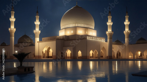 The beautiful serene mosque at night in the blessed month of ramadan the illuminated. Generative AI.